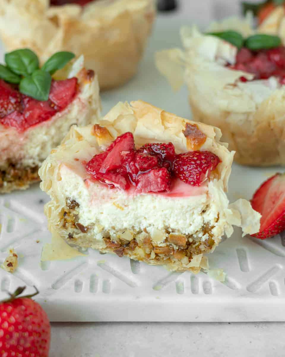 Phyllo Strawberry Cheesecakes with Basil - siftnwhisk