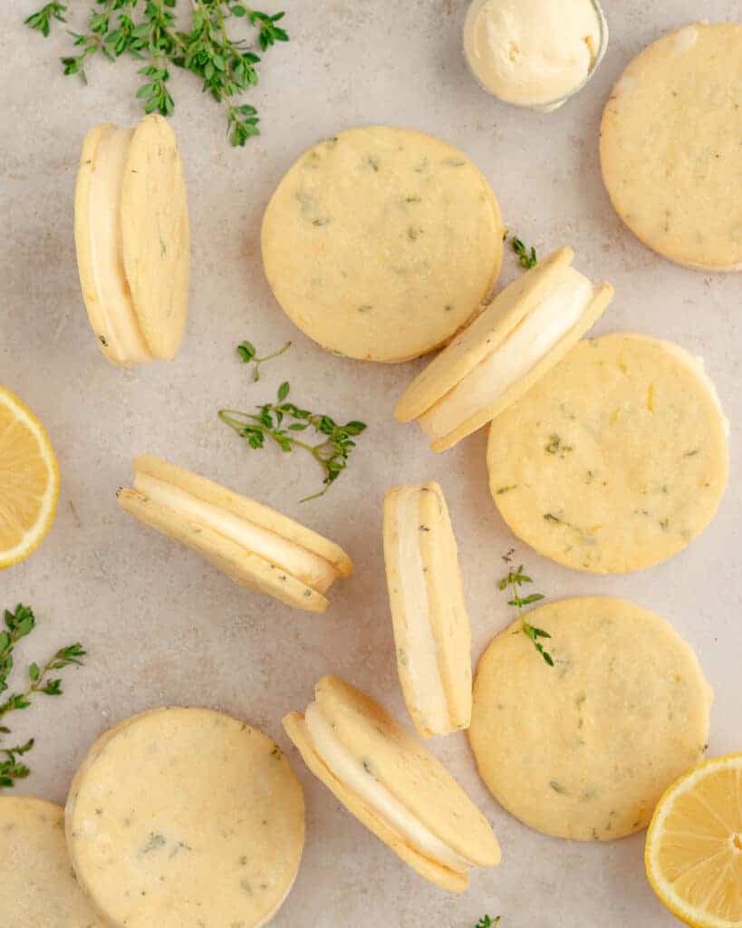 Flat lay of lemon thyme ice cream sandwich cookies