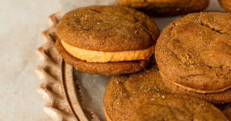 Soft Molasses Sandwich Cookies with Pumpkin Cream Cheese Filling