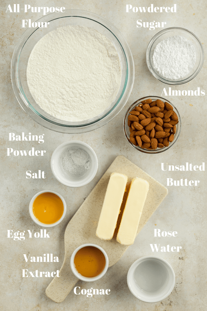 Ingredient shot for almond shortbread cookies - kourampiedes.