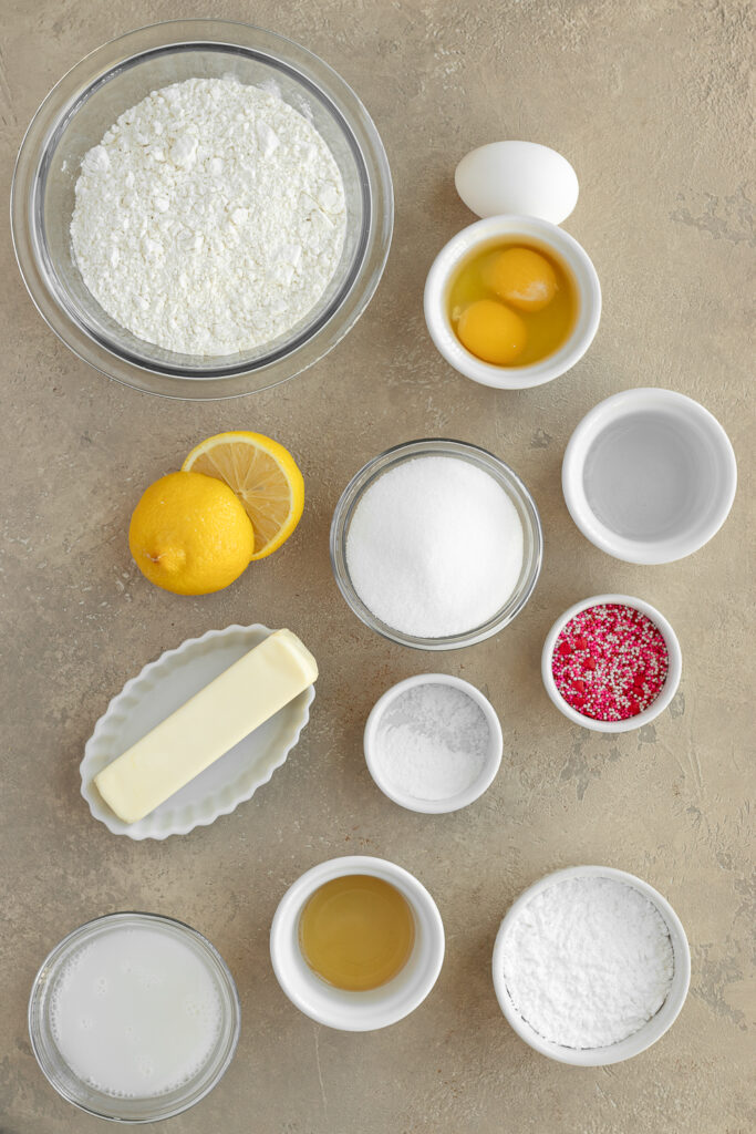 Photo of ingredients needed to make the lemon rose water cake.