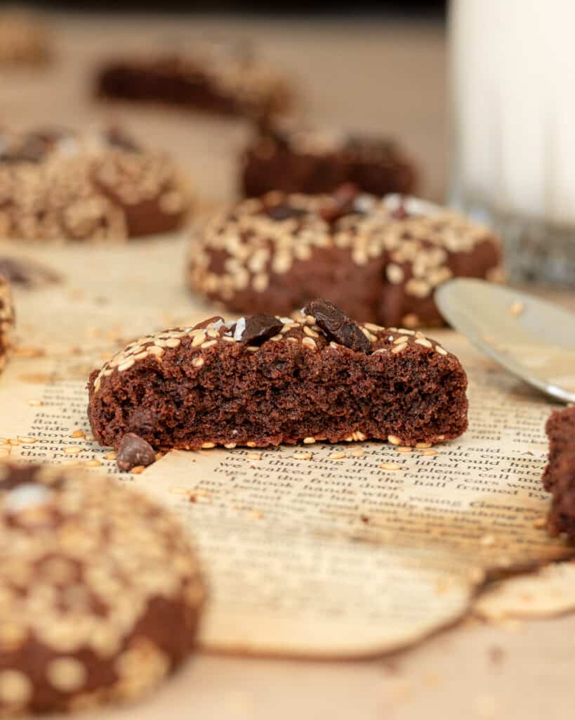 Closeup photo of the chewy inside texture of double chocolate tahini sesame cookie.