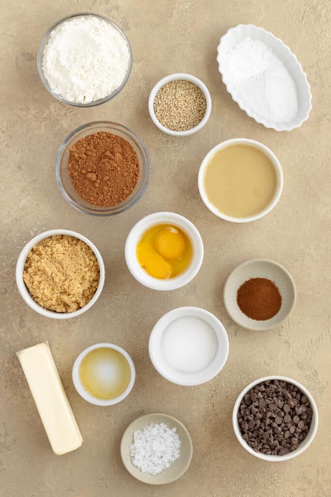 Photo of the ingredients needed to make the double chocolate tahini sesame cookies.
