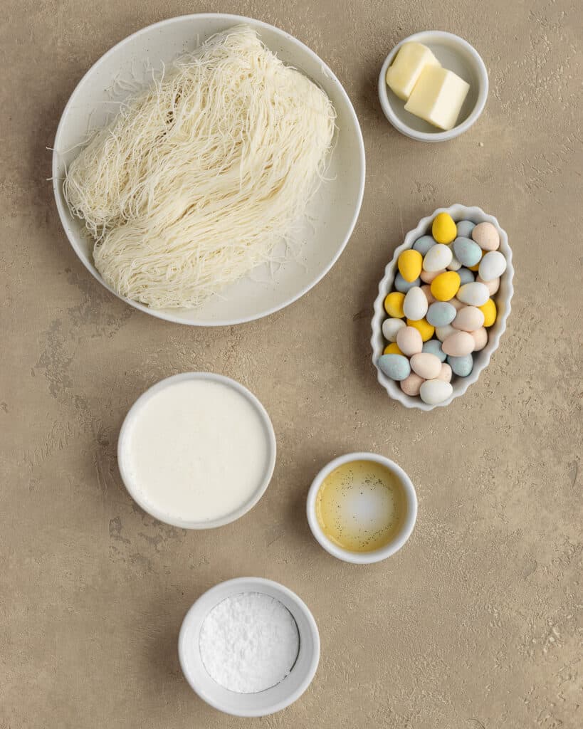 Photo of the ingredients needed to make these kataifi Easter nests.