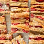 Overhead photo of strawberry phyllo crinkle cake cut into squares.